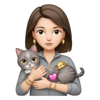a white girl with brunette hair in brain that is over her shoulder. shes holding a grey cat. the girl has long lashes and has on a grey zip up that is half way zipped  and under a white shirt and gold jewelry that is gold bracelets. sticker