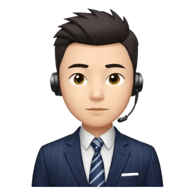gay young Asian man with light skin, short dark hair styled upward with a sharp spiked swoop in front, slightly narrowed almond-shaped eyes with a confident, knowing squint, a clean-shaven face, and a sleek single-ear headset, wearing a dark pinstripe suit with a patterned shirt tie sticker