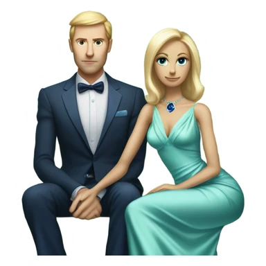 light green skin alien blonde woman in long slim pastel blue formal party satin dress with gradient shiny sparkling navy blue diamonds embroidered , and caucasian man in black dress, sitting on a white couch  sticker