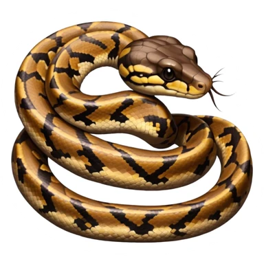 A photo-realistic top-down view of a Ball Python gently coiled into a tight spiral, with its head resting peacefully at the center. Its scales are warm brown with bold, irregular black markings, including the distinctive “alien-head” pattern, flowing smoothly along its body.  sticker