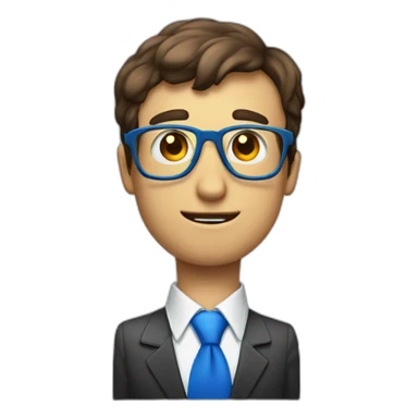 A guy with a class cube as a head with only 2 eyes and a red necktie. wich are blue like the glass. He wears sticker