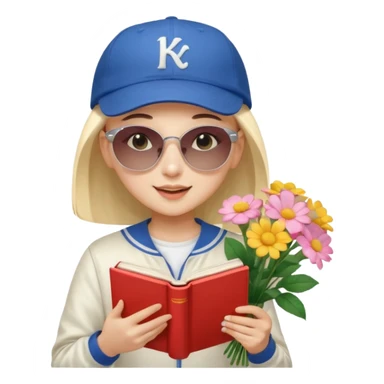 ["A happy girl with light skin, bald, wearing a baseball cap and sunglasses, dressed in K-pop fashion, is reading a book while holding a flower bouquet."] sticker