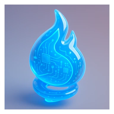 a blue flame, spiraling, glowing, in a futuristic glossy circuit style sticker