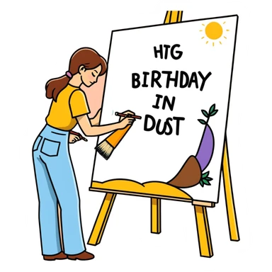 Woman painter/artist painting a big canvas that reads “ANOTHER ONE BITES THE DUST - HAPPY BIRTHDAY” in 60’s hippie style painting sticker