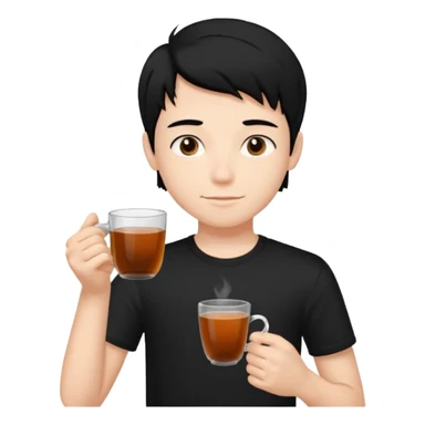 The boy teen have a black hair, and black T-shirt with a cup of tea. blue background  sticker