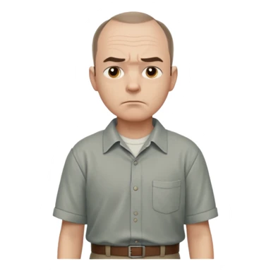 Carl from Sling Blade, serious expression, recognizable features, chin sticking out, slouching posture, no glasses, shirt with collar,  side view,show his entire body, he is standing. three-quarter face angle. He sticks his head forward sticker