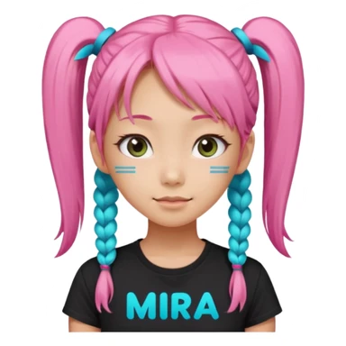 a girl wearing a black t shirt with cyan letters'mira', brave and smart face, narrow eyes, korean girl, small grin,half up half down look with two diagonal pigtails, long pink hair sticker