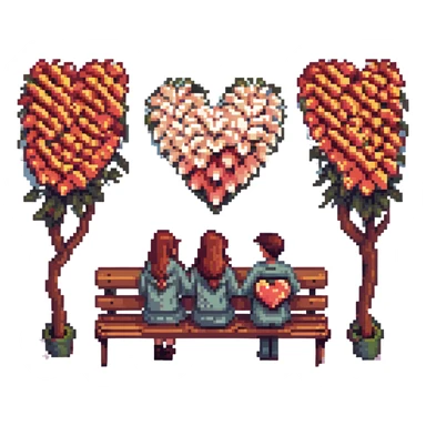 Sticker of Sasha and Yulia, two young lovers, in a pixel art style. They are sitting together on a bench, with pixelated hearts and flowers around them. sticker