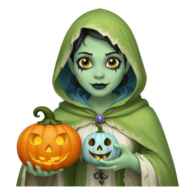 female orc ghost emoji, green skin, tusks, gentle smile, wearing flowing white ghost cloak with black eye holes, holding pumpkin lantern, faint glowing blue mist, Halloween fantasy, smooth Apple emoji style, white background, square sticker