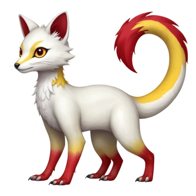  Hyper-realistic smooth Asian oriental painted silky soft White white with red gradients, and yellow slit eyes markings beautiful handsome gorgeous aesthetic vibrant Vernid-Trico-species-Fakemon-creature by LiLaiRa, 4 legs, 1 tail, random markings, (full body) sticker
