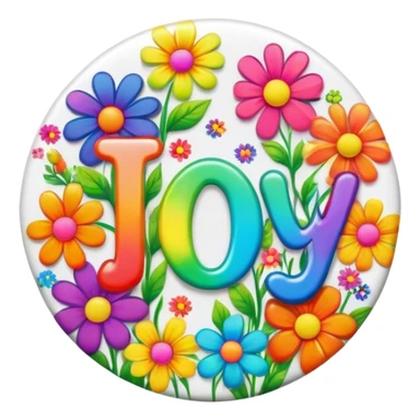 A round psychedelic colored button that says joy with rainbow colored hippie style flowers sticker