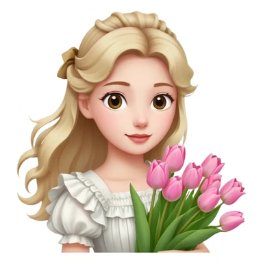  A girl with a half-up half-down hairstyle, and a white ruffled top, enjoying the spring breeze.Holding a bundle of pink tulips sticker