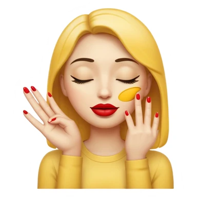 Standard yellow emoji face with closed eyes forming upward curved lines, visible eyelashes, pursed lips with red lipstick, and a hand showing only the thumb out with all other fingers closed against the palm, painted nails sticker