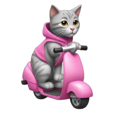 A gray stuffed cat. This cat is wearing a sleeveless sweater with a pink hood. He rides a manual scooter. sticker
