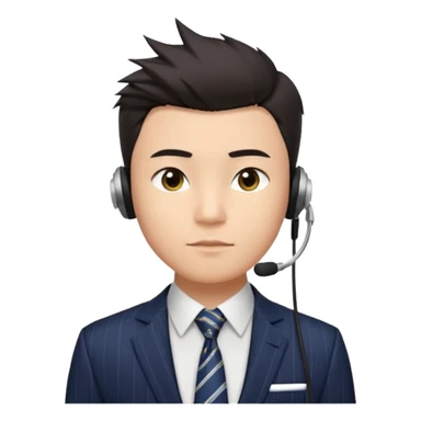 gay young Asian man with light skin, short dark hair styled upward with a sharp spiked swoop in front, slightly narrowed almond-shaped eyes with a confident, knowing squint, a clean-shaven face, and a sleek single-ear headset, wearing a dark pinstripe suit with a patterned shirt tie sticker