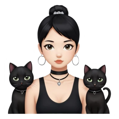 Asian girl, black hair.  Holding two BLACK cats with one cat has a round fat face. Both pure black.  The girl also wearing a black singlet, a black chocker, silver round hook earring, and wearing eyeliner.  sticker