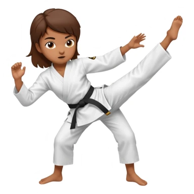 Ragazza castana che pratica karate, ha la cintura nera ed io tradizionale kimono bianco del karate, tira un calcio laterale  sticker