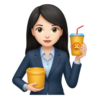 long dark haired woman with suit holding food container sticker