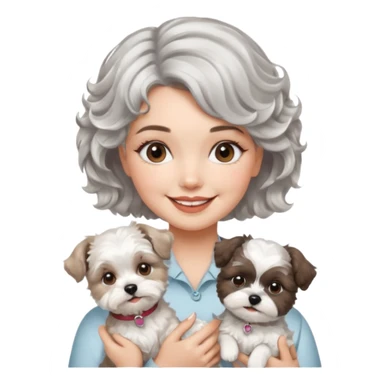 silver, short, wavy-haired with loose curls, smiling pretty lady holding a westie terrier dog and a shih tzu dog sticker