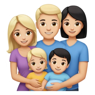 family with blond dad, brunette mom, blonde son, daughter with black hair, and a baby sticker