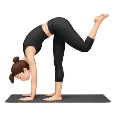 Minimalist flat vector illustration of a woman doing yoga in forward fold pose (Uttanasana), wearing sportswear (black top and black shorts), brown hair in a bun, clean white background, no face details, elegant style sticker