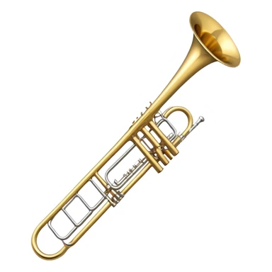 Create a sleek and professional emoji representing the Brahner TB-420 Bb/F tenor trombone. The design should feature the smooth, shiny brass body of the trombone with its distinct curved tubing and large bell. Highlight the tuning slide and the mouthpiece at the top of the instrument. The brass finish should be polished and reflective, with silver accents on the mouthpiece and tuning slide. Add subtle musical notes or soundwaves floating around the trombone to evoke its bold, brassy sound. Use golden and brass tones for the trombone with light reflections to emphasize its high-quality craftsmanship. The background should be transparent. sticker