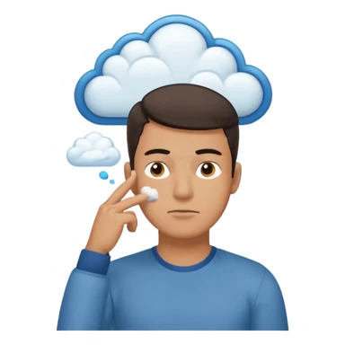 Casually dressed man with one hand on his chin, eyebrows slightly furrowed. A thinking cloud floats above his head containing a critical-thinking symbol (like a question mark, magnifying glass, or logic icon). Realistic emoji aesthetic, clean-shaven, soft neutral background sticker