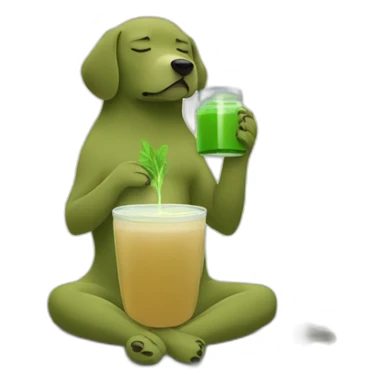 meditating dog drinking green juice with eyes closed in forest sticker