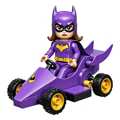 Hot full size real-appearance retro electric racing action BatGirl’s Lego feminine midnight-purple tight outfit sixty’s tv show 1992 stealthy retro sporty safe plush petite off-road pursuit cruiser car rose gold accents (black hair,reclined and relaxed torso seating position) go kart  sticker