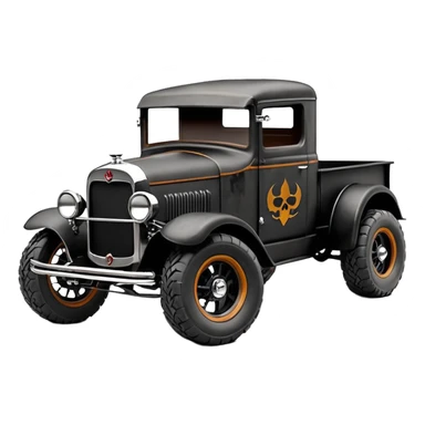 1:10 off-road lcg smoking rusting Basher style 1927 blackened tarnished hotrod rat rod streamlined anime vampire ghostly Studebaker zombie infected extended-cab rc bulging pickup (extra wide low-profile pin tires chrome wheels with fenders) sticker