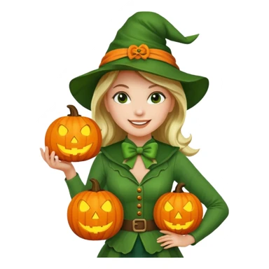 Woman Hunter With Jack o Lantern, wearing green costume, with bow sticker