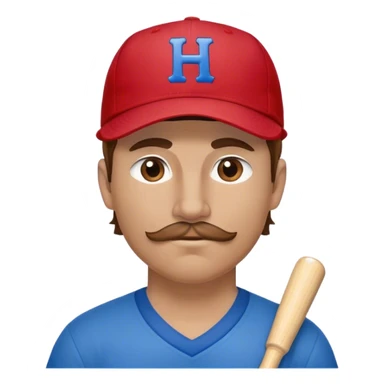 White man with brown hair and a short brown mustache wearing a blue baseball cap with an H on it and a red bandana around his neck sticker