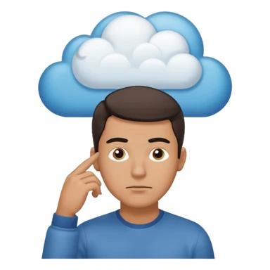 Casually dressed man with one hand on his chin, eyebrows slightly furrowed. A thinking cloud floats above his head containing a critical-thinking symbol (like a question mark, magnifying glass, or logic icon). Realistic emoji aesthetic, clean-shaven, soft neutral background sticker