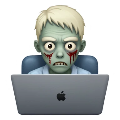 A tired sad zombie behind a laptop sticker