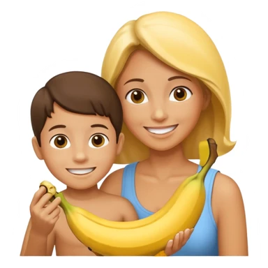 create a mother and boy mother giving banna to his son sticker
