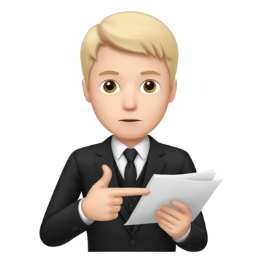 A white man in a black suit stands with a serious face and points at his hand holding papers. sticker