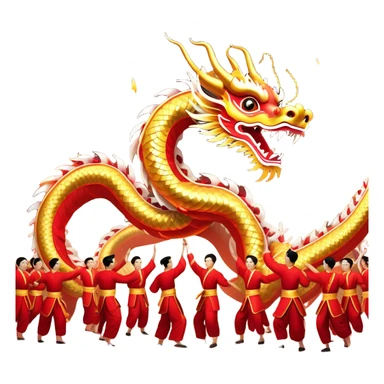 Cinematic Realistic scene of a Chinese Dragon Dance featuring performers energetically holding a vibrant dragon model aloft, with intricately detailed scales and dynamic flowing costumes, illuminated by festive red and gold lighting that captures the spirit of celebration. sticker