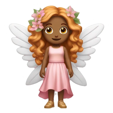 Full body Fairy white woman emoji with long wavy copper hair and blonde highlights, also with curtain bangs, brown/honey eyes, with a pink outfit inspired in flower leaves give her wings  sticker