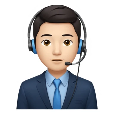A young Asian man with smooth light skin, dark hair that swoops upward in the front, expressive eyes, a clean-shaven face, and a call-center style headset over one ear, usually paired with a crisp shirt and suit jacket visible from the chest up. sticker