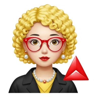Chinese girl emoji, modern style, short curly bright yellow hair, pearl hairpin, wearing trendy red triangle glasses, colorful and creative vibe sticker