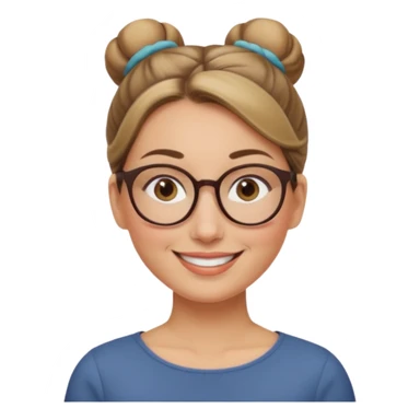 femme de 38 ans avec des cheveux tirés vers l'arrière blond foncé sans mèche devant, un chignon haut, yeux bruns, lunettes rondes, visage ovale sticker