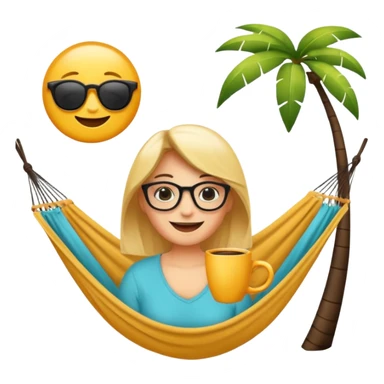 Créer un emoji stylisé et coloré représentant le week-end, joyeux et relaxant. L’emoji doit être rond, lumineux, avec un visage souriant ou des lunettes de soleil teint noir. Ajouter des éléments évoquant le repos ou le plaisir : café, hamac, soleil, musique, détente.  sticker