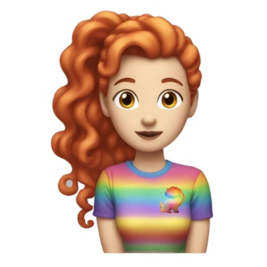 "A white woman with lengthy red curls in a ponytail, wearing a rainbow cat shirt, being cute." sticker