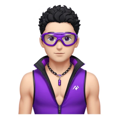 male athlete with white skin and moderately curly black hair on top with shaved sides, wearing ski goggles with purple frames and very dark black lenses, a simple plain black chain necklace, and a completely unzipped/wide open shiny purple vest fully revealing his chest and abs, no earrings sticker