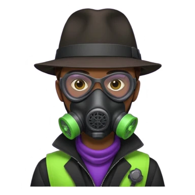 Male Hacker with a fedora with brown hair wearing a gasmask. Color scheme is black, lime-green and purple sticker