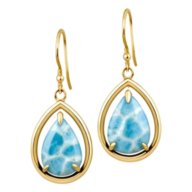 No emoji icons, no emoji faces, 8k quailty, clean, smooth design, isolated, hyper realistic, ultra sparkly, ultra detailed luxurious, 14k yellow glittery gold and Rare Genuine Larimar Raw Crystal earrings set, rendering. Full transparent background  sticker