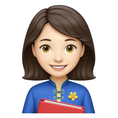 Teacher emoji but : wavy (not straight) dark brown hair, light skin, no glasses, dark eyes, with a computer folder in the hand (color is yellow), being a teacher, wearing a chinese qipao ( dark blue), smile with teeth




 sticker