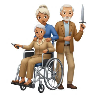Woman with a knife in one hand, pushing with the other a wheelchair with an old man sticker