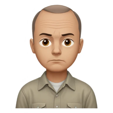Carl from Sling Blade, serious expression, very detailed features,very recognizable features, chin sticking out, slouching posture, no glasses, shirt with collar,show his entire body, he is standing. three-quarter face angle view. He sticks his head forward. less apple style emoji.  sticker