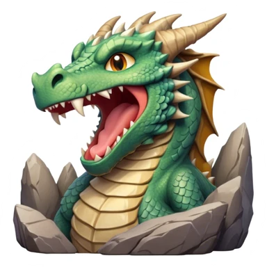 Cinematic Cute Yawning Giant Rock Dragon Portrait Emoji, Head tilted slightly with a dramatic, wide-open yawn, revealing a colossal, rugged body with weathered, rock-like scales and subtly drooping, earthy features rendered in authentic, stony texture; high shine, relaxed yet powerful, styled with a dash of timeless geological charm, soft glowing outline, capturing the essence of a sleepy but stoic rock behemoth ready to settle into an ancient, enduring slumber! sticker